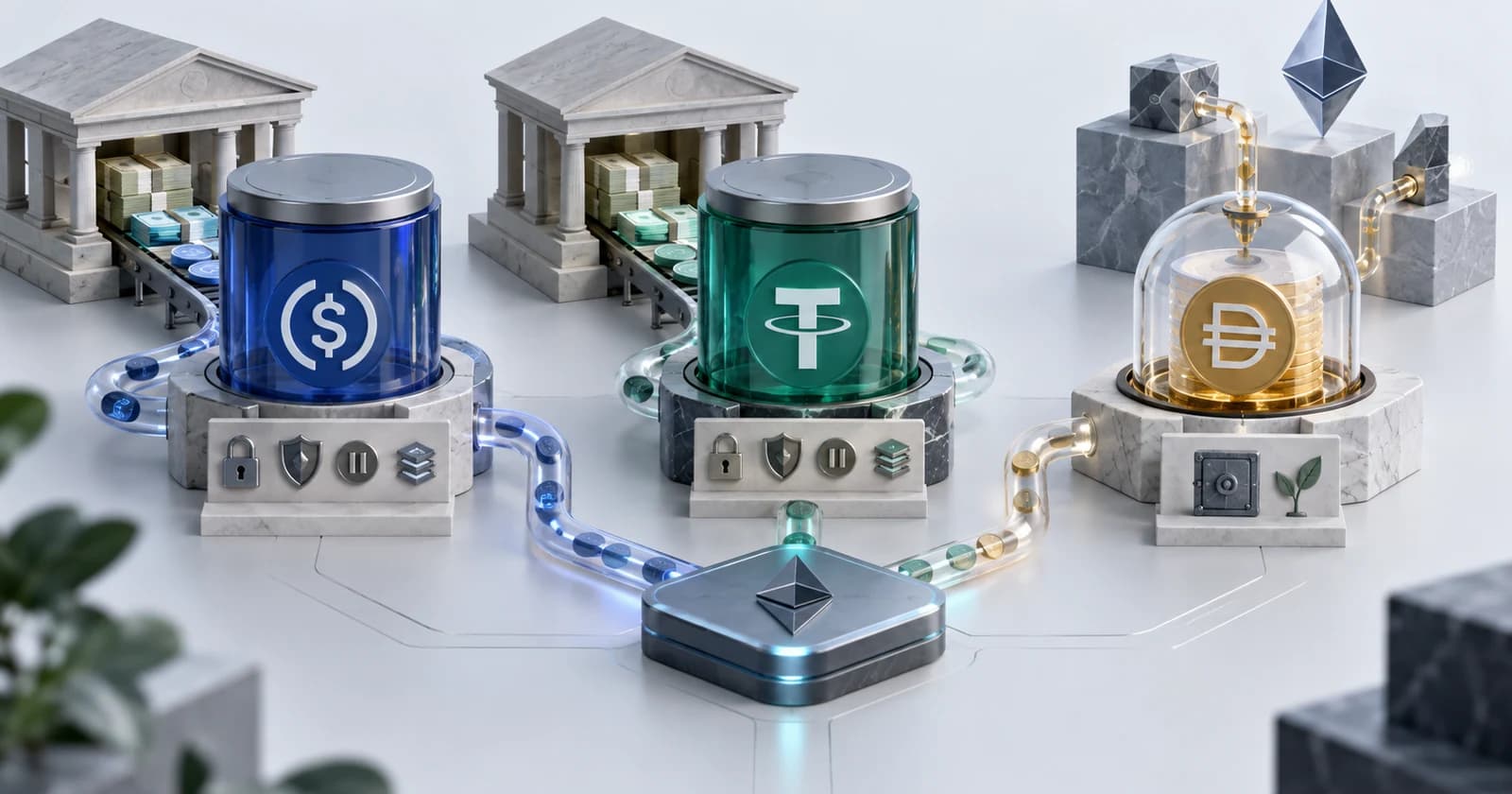 Cover illustration for: Stablecoins on ERC20: How USDC, USDT, and DAI Work