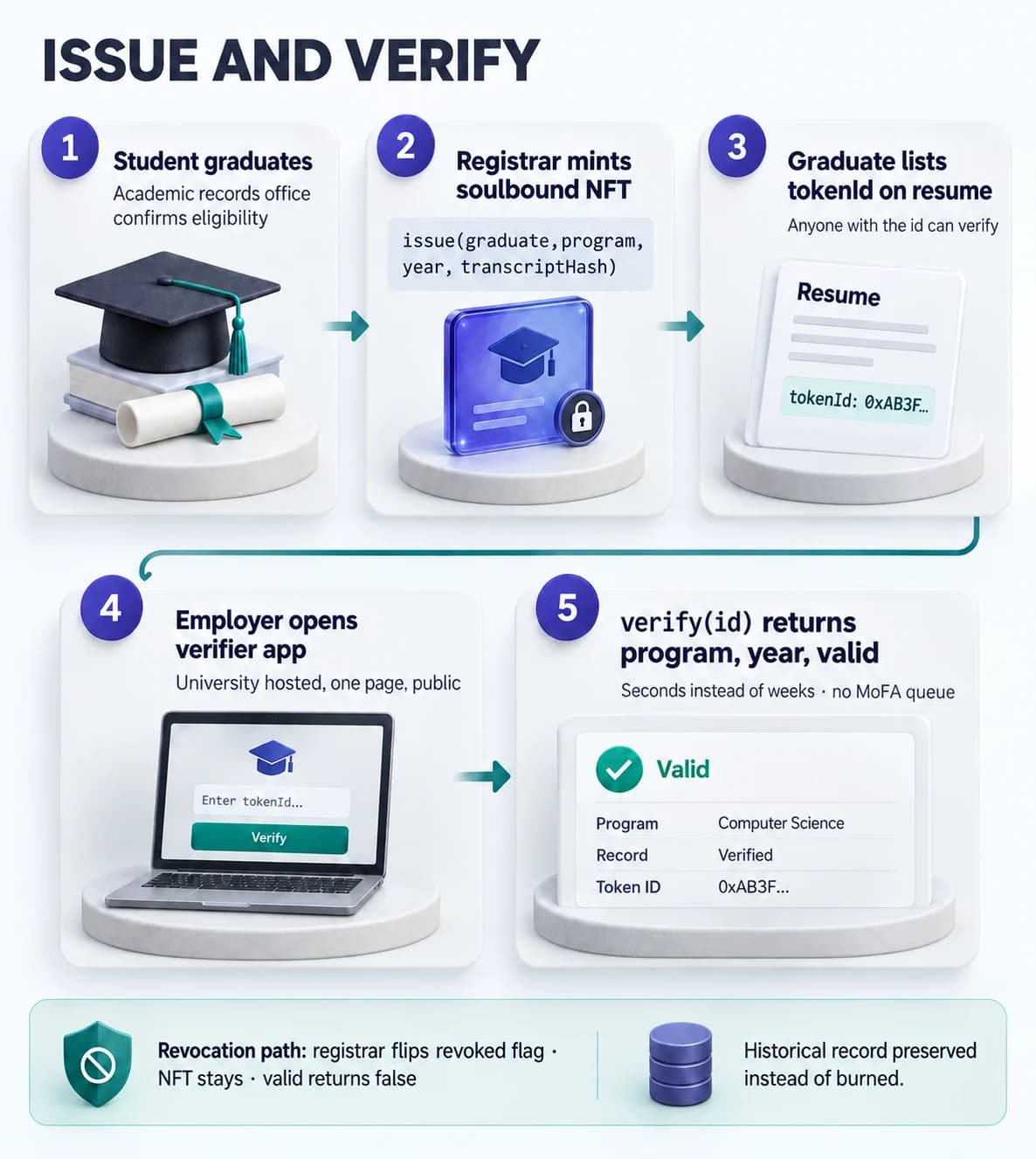 Six step degree issuance and verification flow: student graduates, registrar mints soulbound NFT to student wallet, student lists degree on resume, employer reads tokenId from resume, employer calls verify on the university contract, contract returns program year and valid flag without touching off chain systems.