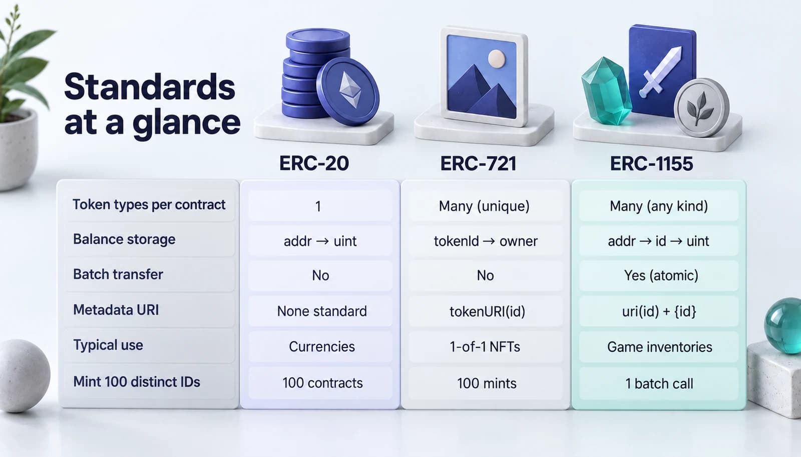 Comparison of ERC-20, ERC-721 and ERC-1155 token standards across balance shape, batch transfer and metadata