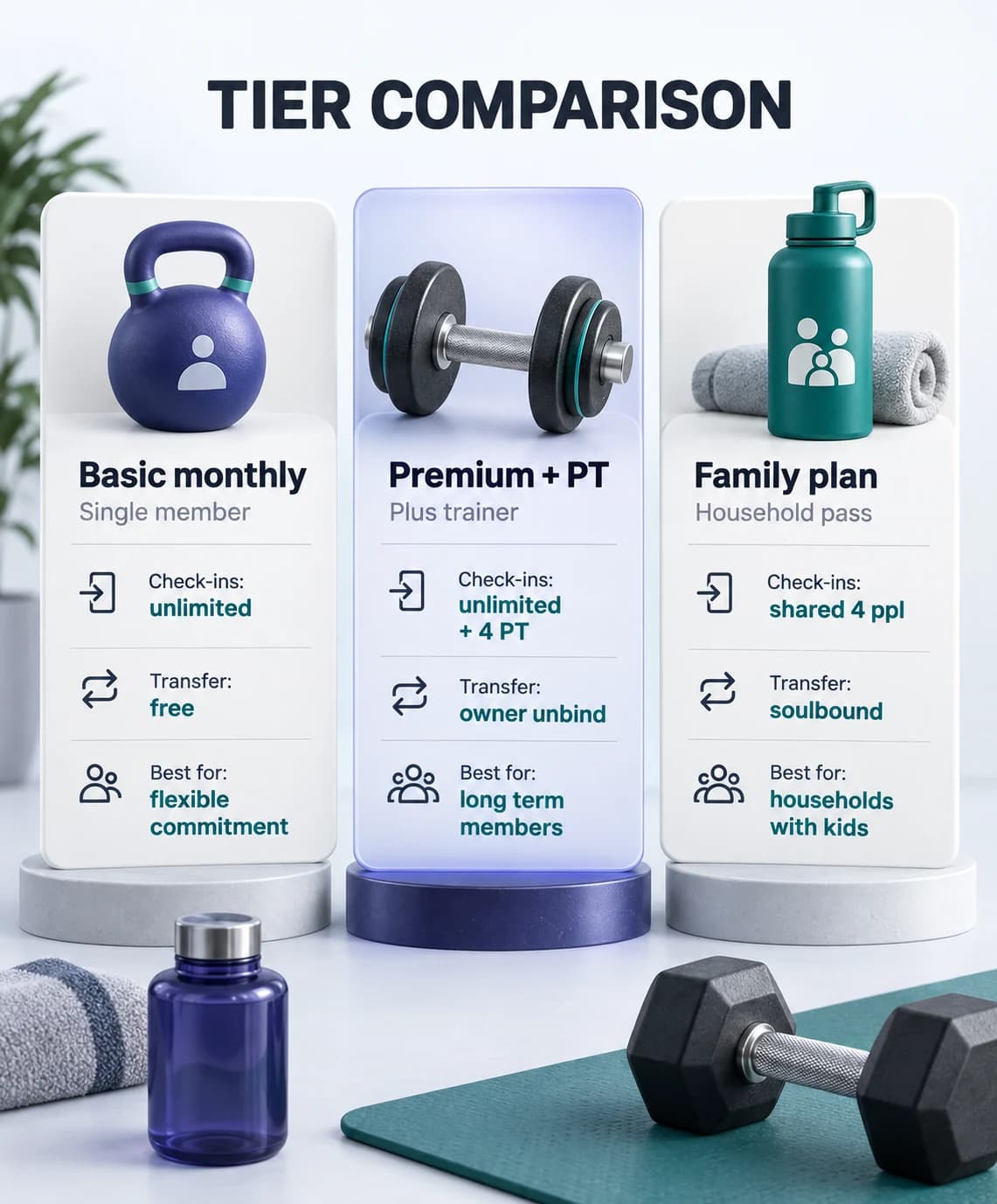 Three column tier comparison: basic monthly pass with unlimited check-ins and free transfer, premium pass with classes and personal training included plus restricted transfer, family pass locked to wallet with shared check-ins across household members.