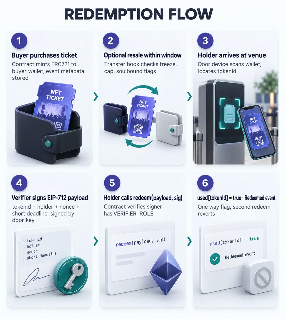 Six step flow diagram: buyer purchases ticket and receives the ERC721 NFT, optional secondary resale within the allowed window, holder arrives at venue, door device scans the wallet and produces an EIP-712 verifier signature, holder calls redeem with the signature, the contract marks the tokenId used and emits an event consumed by the venue access system.