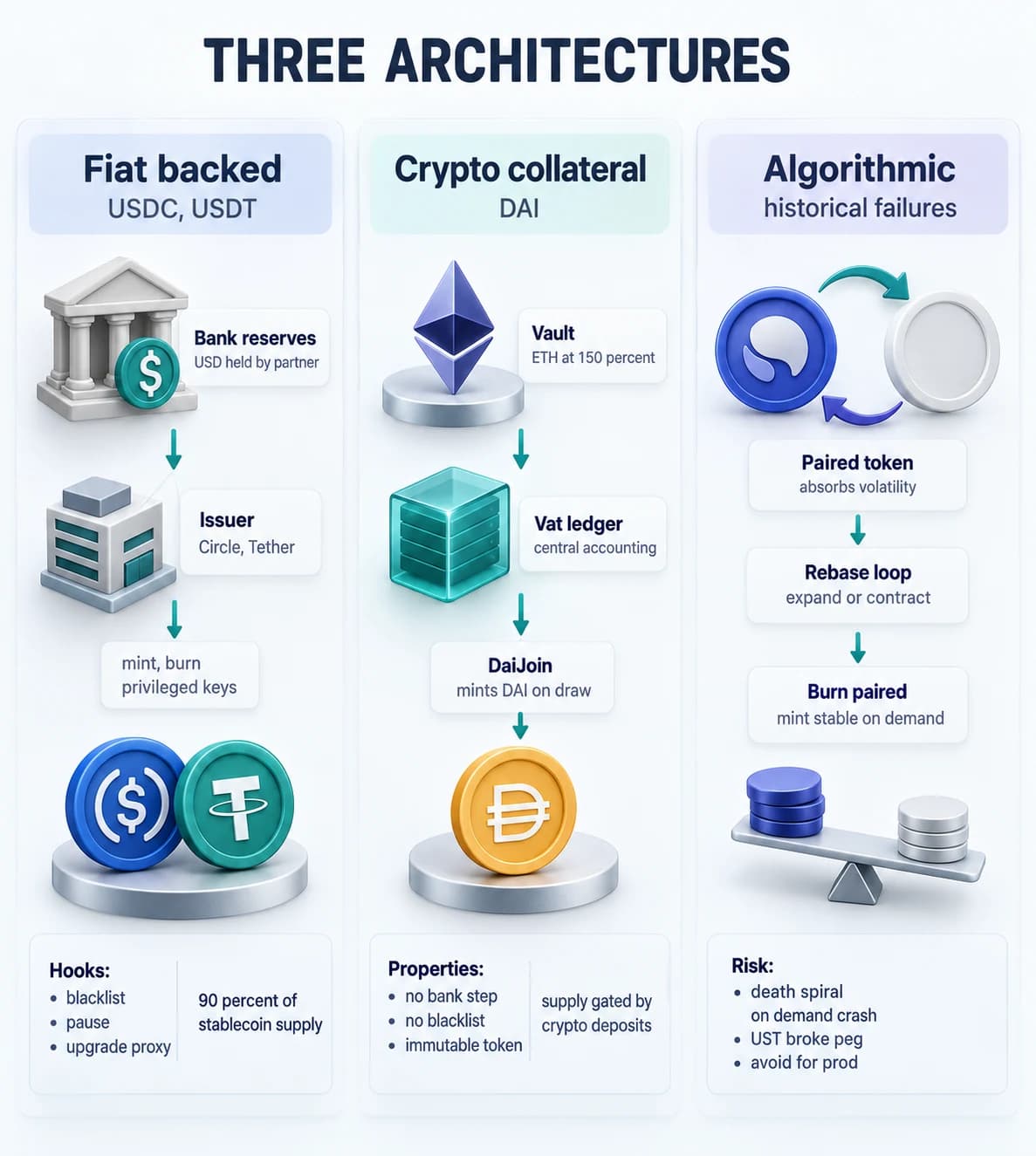 Three column architecture comparison: fiat backed stablecoin on the left with a bank, issuer, and ERC20 mint flow; crypto collateralized stablecoin in the middle with Maker vaults, the Vat ledger, and DaiJoin minting DAI; algorithmic stablecoin on the right with a paired token rebase loop, marked as historically unstable.