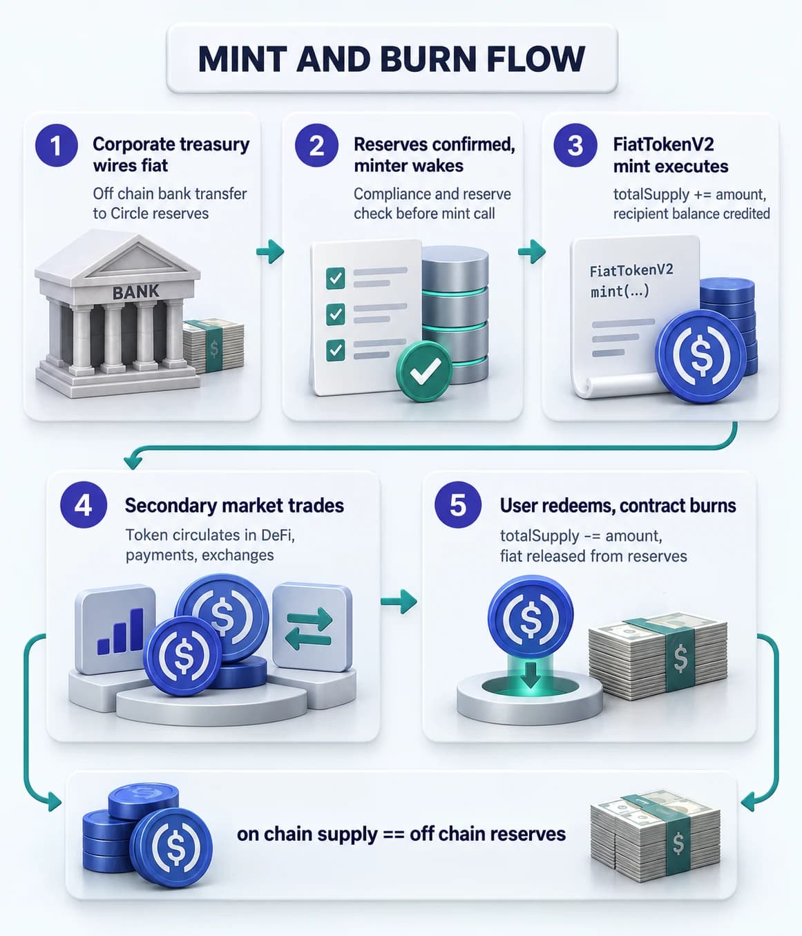 Five step flow diagram showing a corporate treasury wiring fiat to Circle, Circle confirming reserves, the FiatTokenV2 contract minting USDC to the customer, optional secondary market trading, and the redeem path that burns USDC and releases fiat back to the user.