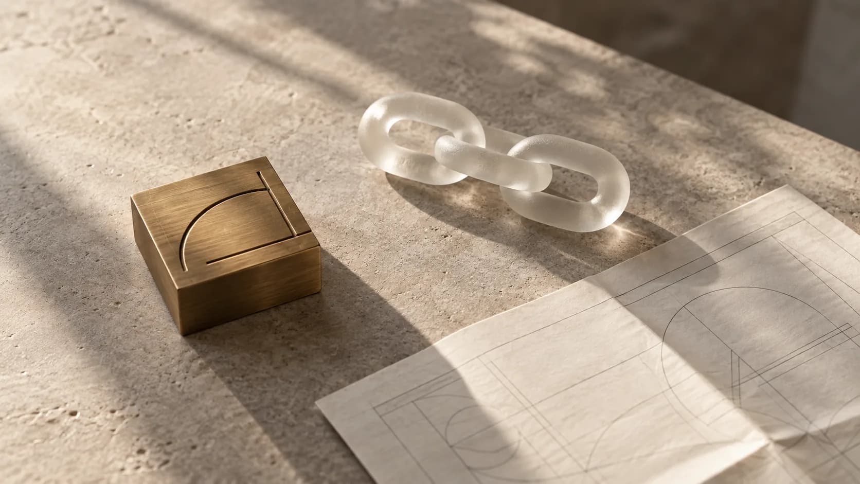 A brushed brass block, a chain of frosted glass links and an architectural drawing on stone.
