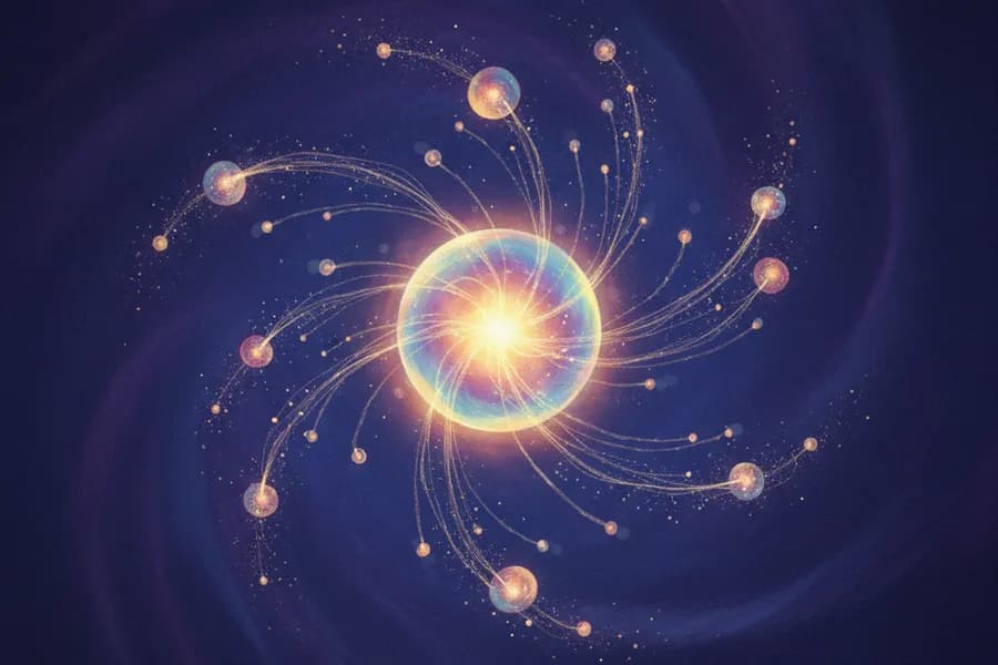 Editorial illustration of an agentic AI ecosystem — a central glowing orb radiating to orbiting satellite nodes.