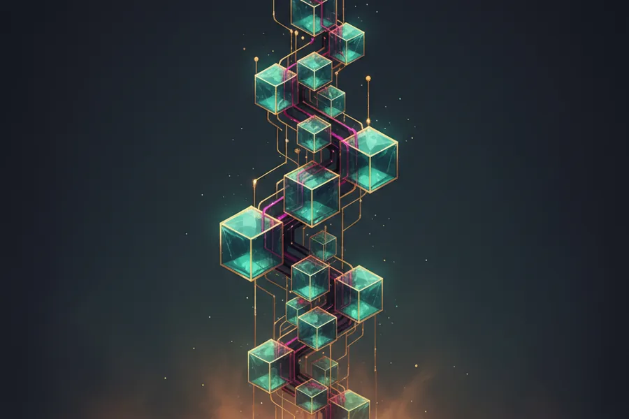 Editorial illustration of a blockchain lattice — stacked translucent crystal blocks linked by golden seams.
