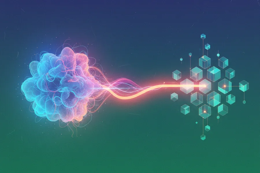 Editorial illustration of a hybrid system — a neural cloud morphing through a magenta light bridge into a crystalline lattice.