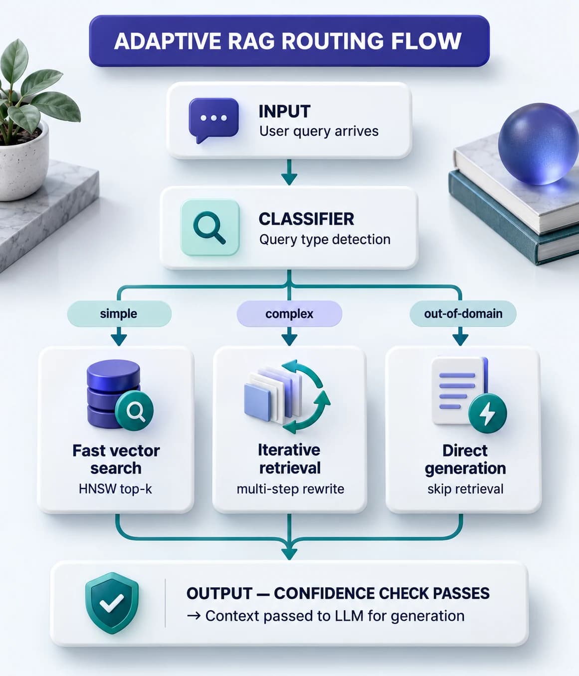 Adaptive RAG flow: query classifier routes to fast retrieval, iterative retrieval, or direct generation based on query type and retrieval confidence.