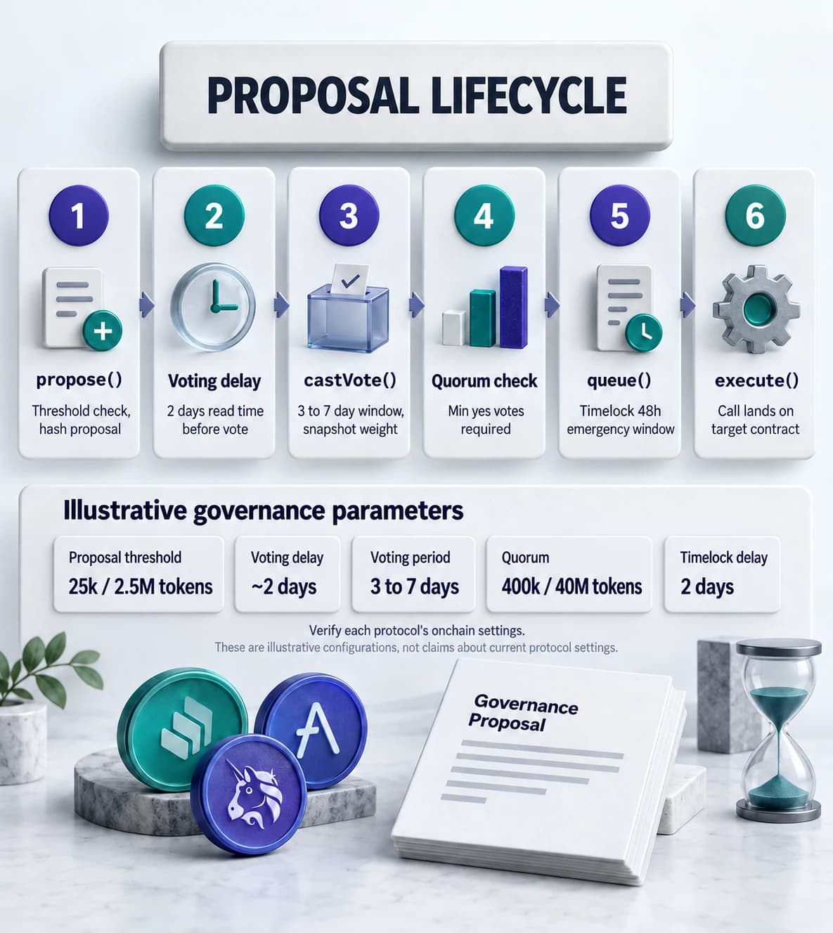 Six step Governor proposal lifecycle with illustrative settings: propose, voting delay, cast votes, quorum check, queue into a Timelock, and execute against the target contract.