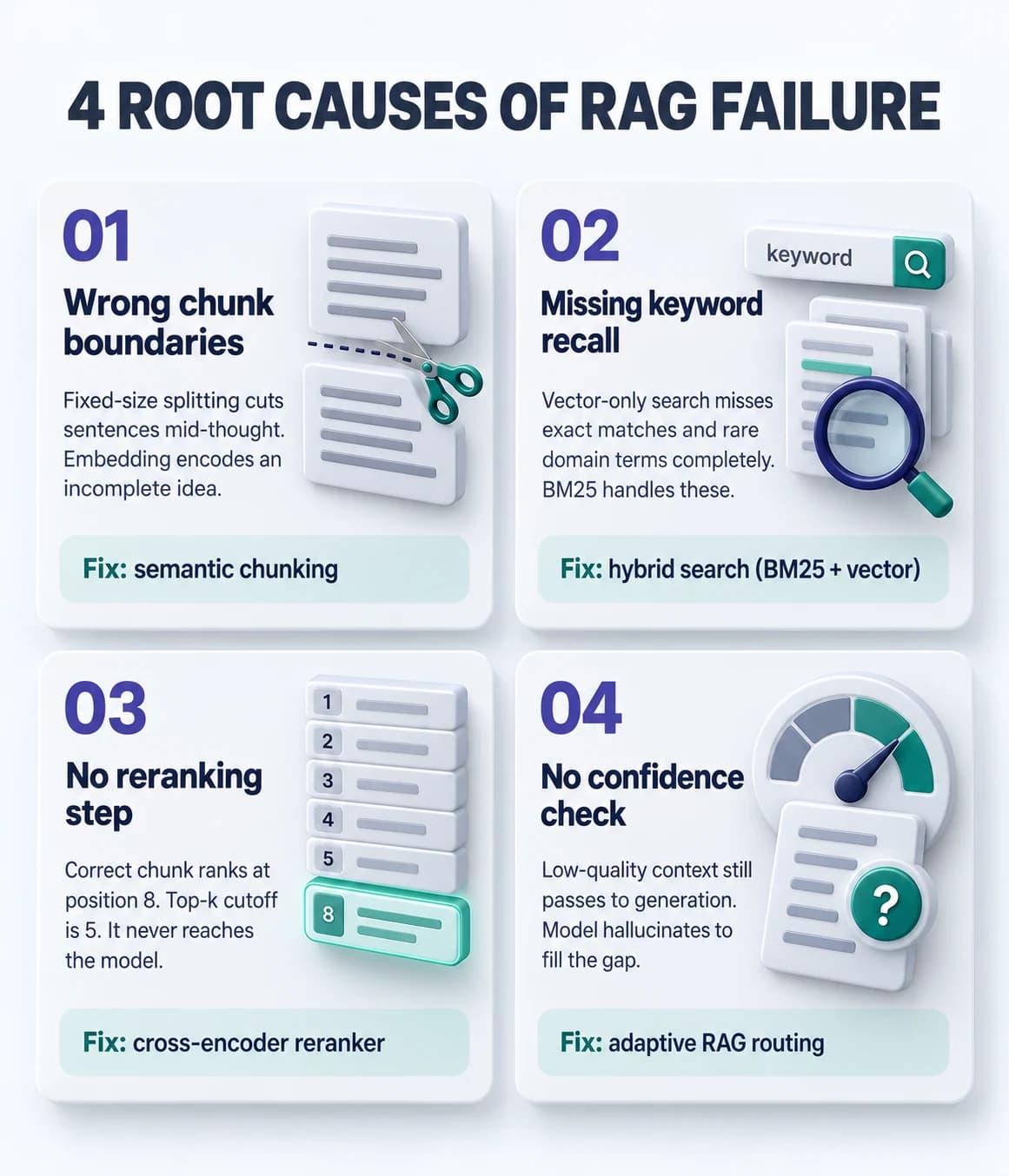 Four root causes of RAG retrieval failure: wrong chunk boundaries, missing keyword recall, no reranking, and retrieval without confidence scoring.