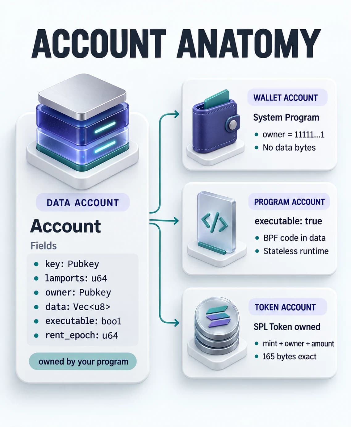 Diagram showing a data account with six fields on the left and wallet, program, and token account types stacked on the right.