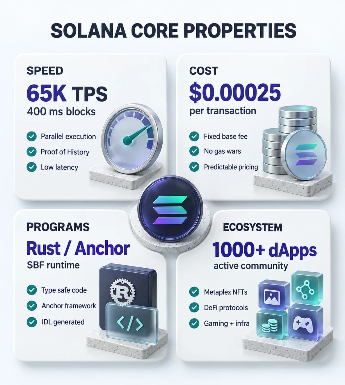 Four quadrant grid showing Solana's core properties: 65K TPS speed, $0.00025 cost per transaction, Rust and Anchor program model, and 1000 plus dApp ecosystem.