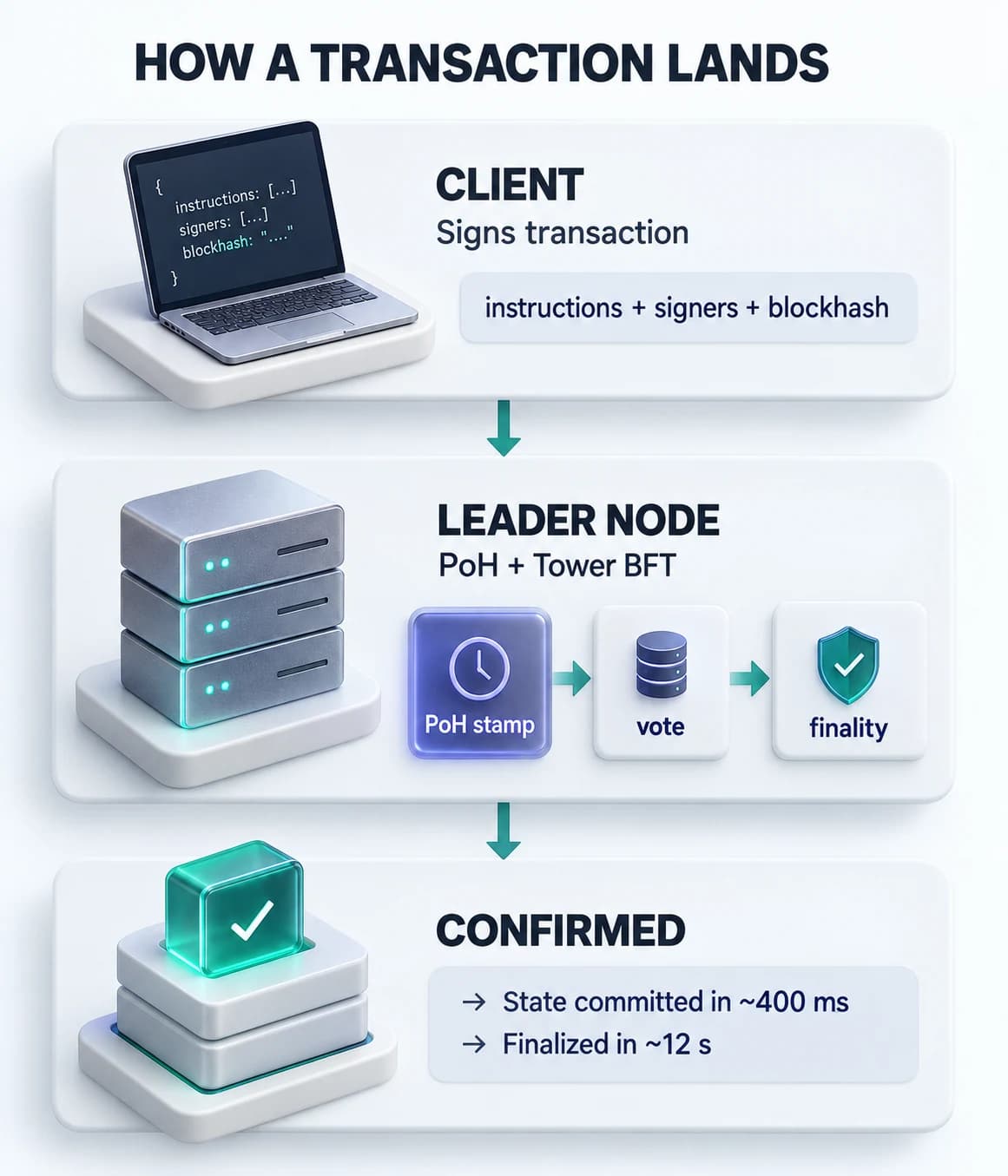 Vertical flow diagram showing a transaction moving from client signing through the leader node's Proof of History and Tower BFT processing to on chain confirmation in about 400 milliseconds.