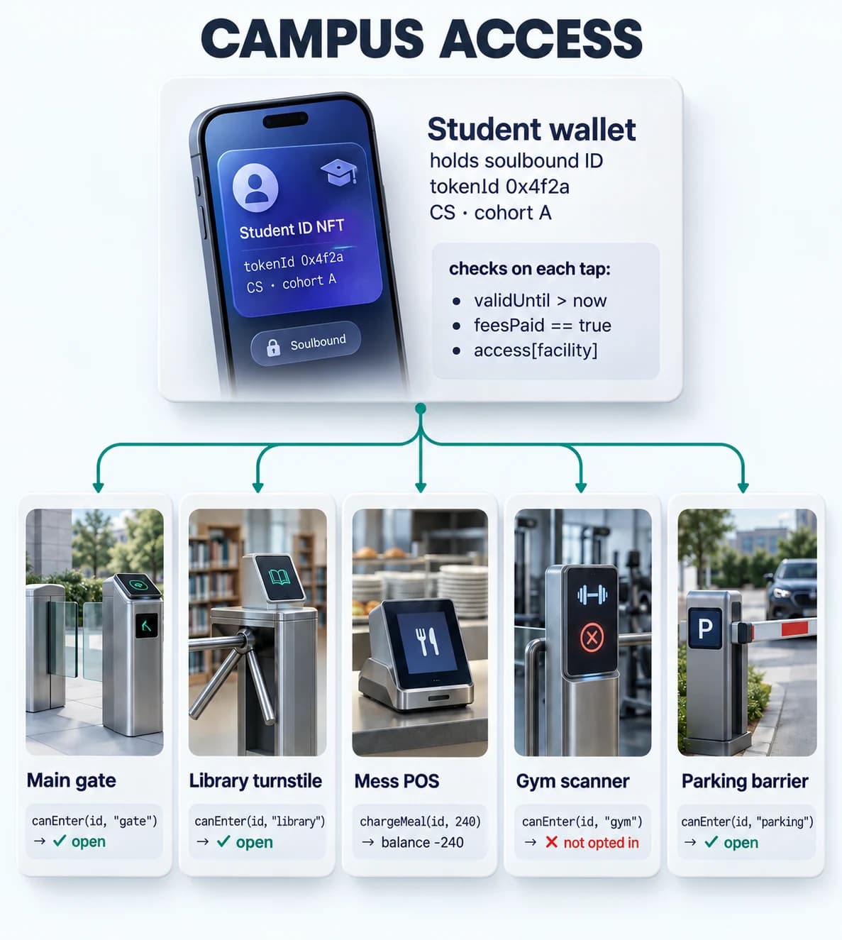 Five lane diagram showing one student wallet on the left and five campus facilities on the right with their own scanners: main gate, library, mess, gym, parking. Arrows from wallet to each facility with a per facility access flag. Center column shows the contract evaluating expiry, feesPaid, and per facility access on each tap.