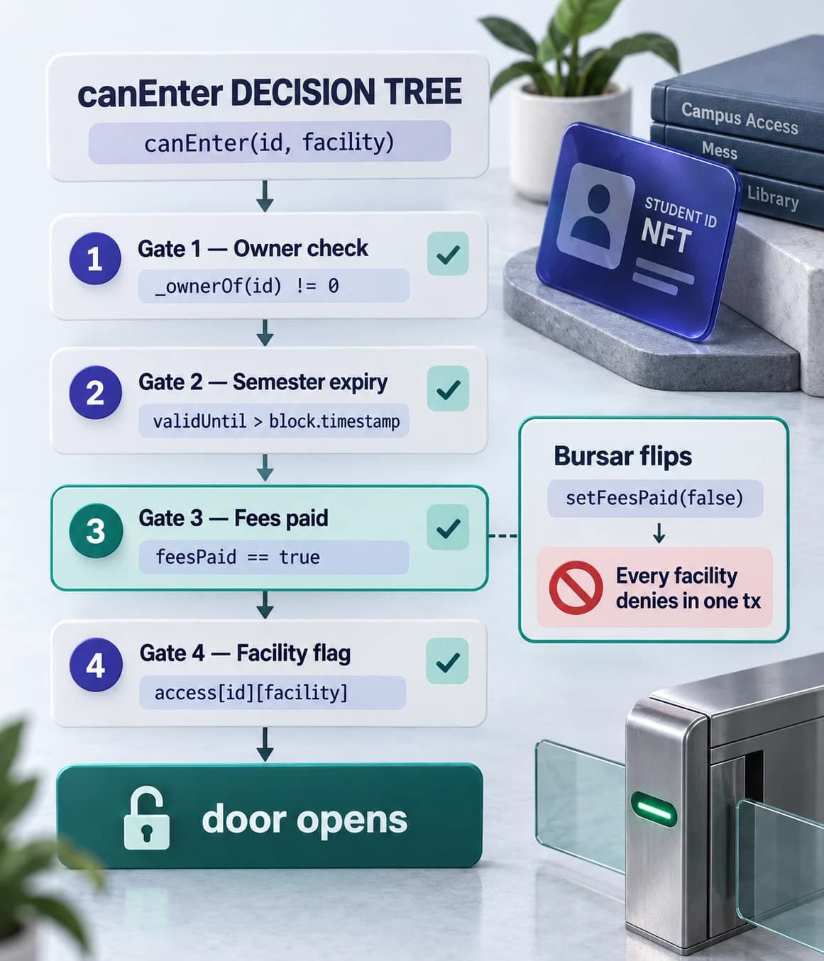 Decision tree for canEnter check: owner check first, then semester expiry, then feesPaid bursar gate, then per facility access. Any failure path leads to door denied. Passing all four leads to door granted. Highlighted side note that flipping the feesPaid flag denies every facility instantly without a batch job.