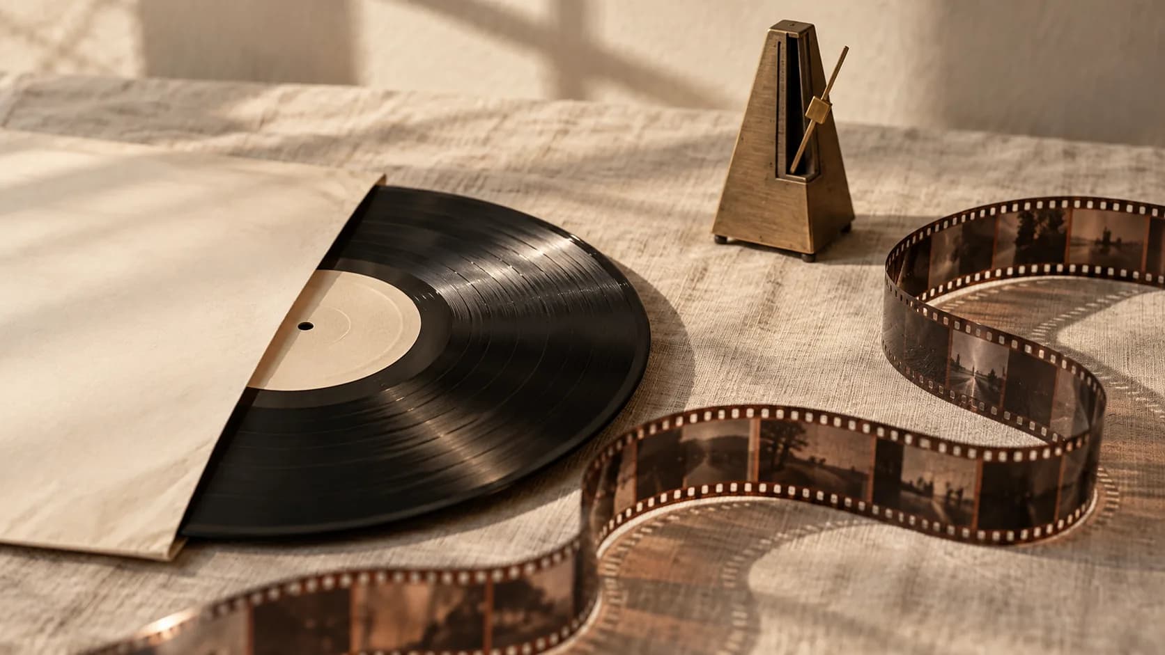 Still life of a vinyl record, a curling strip of film negative and a brass metronome: sound turning into moving pictures.