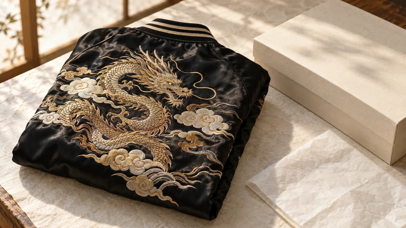 A black satin sukajan jacket with gold dragon embroidery, folded beside a shipping box.