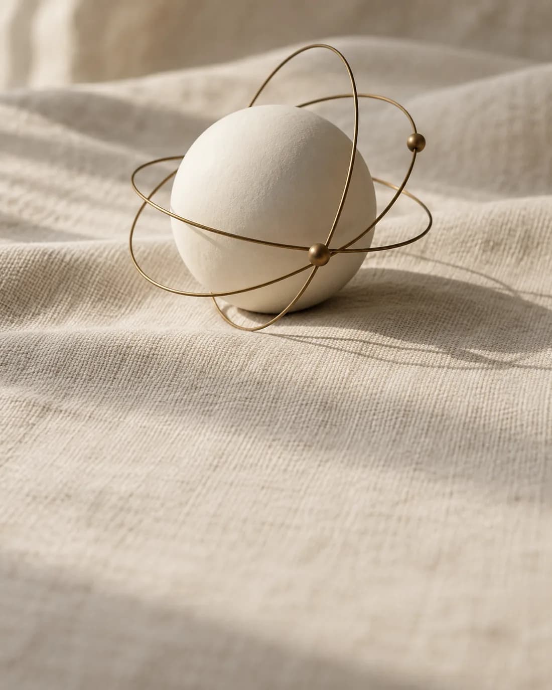 Still life: an ivory sphere circled by thin brass orbits, a metaphor for an orchestrator agent and its sub-agents.